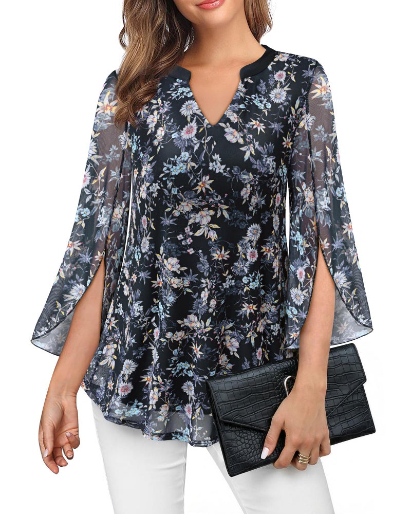 VALOLIA Floral Tops for Women: V Neck 3/4 Sleeve Elegant Mesh Blouse - Womens Dressy Blouses - Tunic Tops for Women Loose Fit Dressy Casual Outfits Plus Size Home & Out Floral Black L - Image 1
