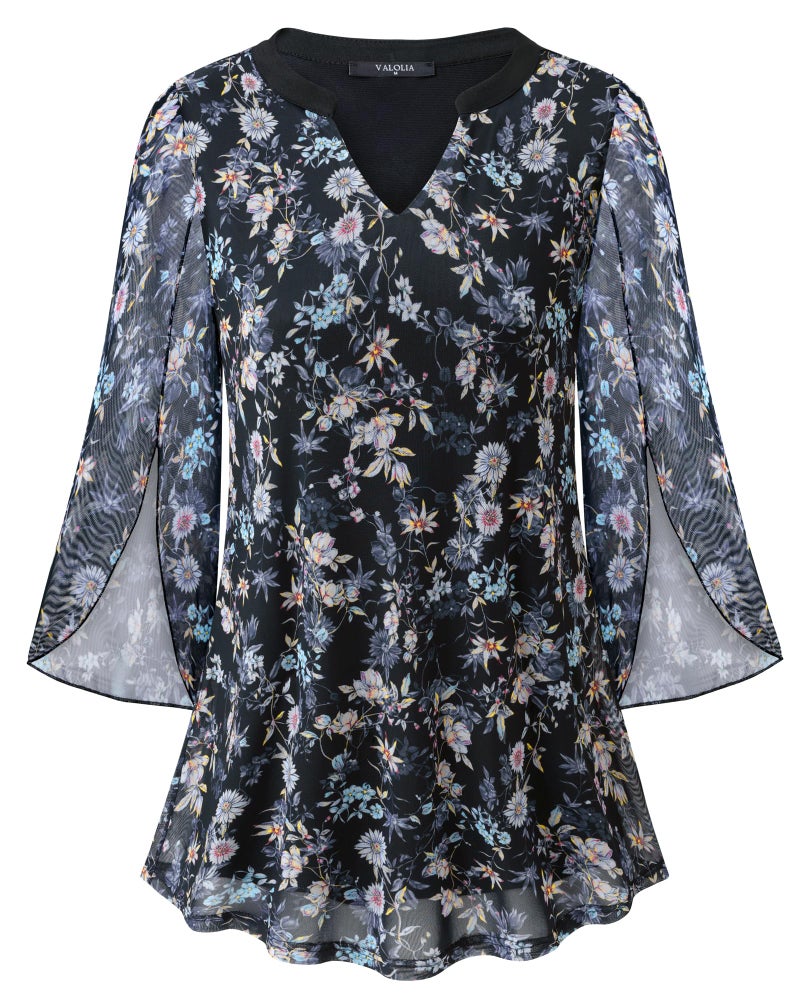 VALOLIA Floral Tops for Women: V Neck 3/4 Sleeve Elegant Mesh Blouse - Womens Dressy Blouses - Tunic Tops for Women Loose Fit Dressy Casual Outfits Plus Size Home & Out Floral Black L - Image 4