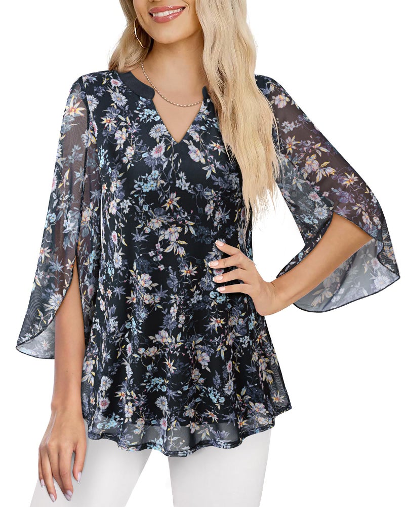 VALOLIA Floral Tops for Women: V Neck 3/4 Sleeve Elegant Mesh Blouse - Womens Dressy Blouses - Tunic Tops for Women Loose Fit Dressy Casual Outfits Plus Size Home & Out Floral Black L - Image 2