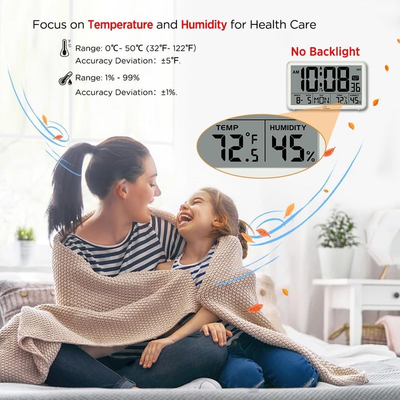 WallarGe Auto-Set Digital Wall Clock Battery Operated, Desk Clocks with Temperature, Humidity and Date, Large Display, Digital Calendar Alarm Clock for Elderly, Bedroom, Office, 8" - Image 2