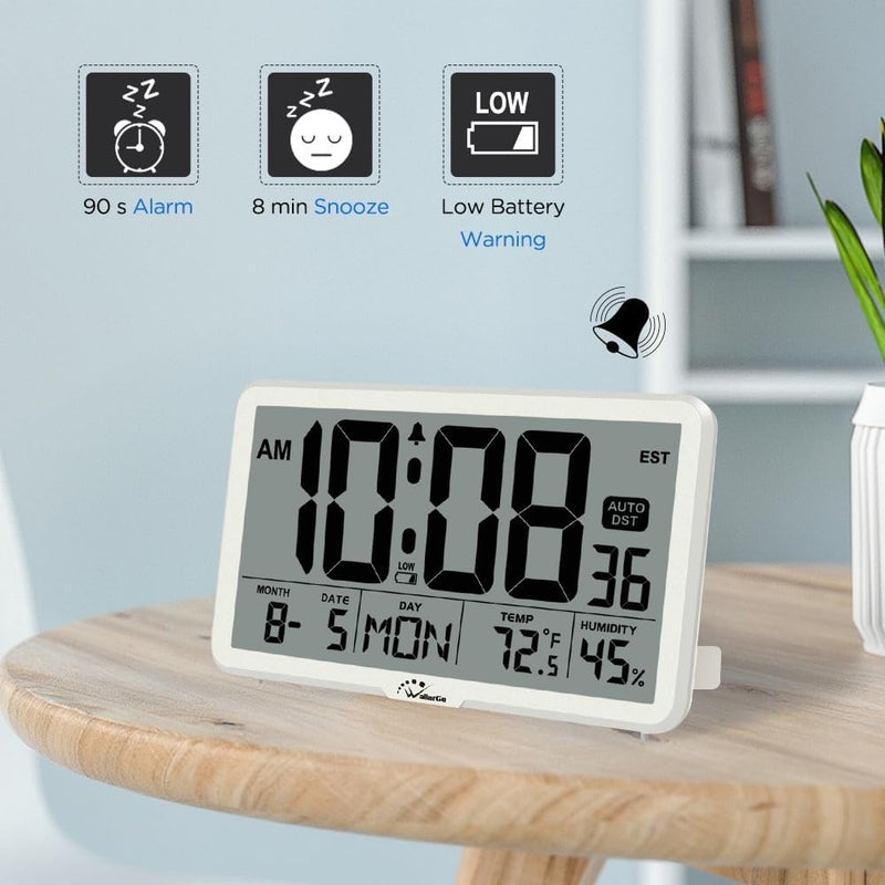 WallarGe Auto-Set Digital Wall Clock Battery Operated, Desk Clocks with Temperature, Humidity and Date, Large Display, Digital Calendar Alarm Clock for Elderly, Bedroom, Office, 8" - Image 5