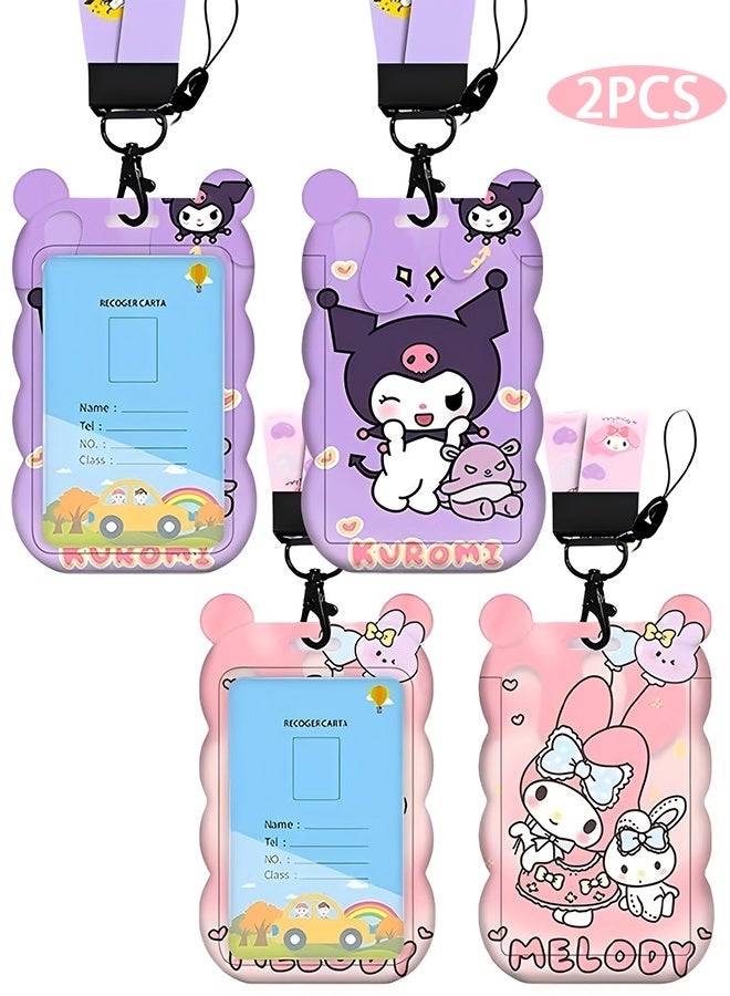 Wffo 2 Pcs Sanrio Anime Badge Card Holder with Lanyard Retractable Badge Reel ID Credit Card Holder Purse Pouch with Lanyard Durable Card Case Neck Pouch Wallet Anime Keychain for Students Teens - Pink/Purple - Image 1