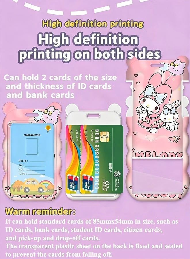 Wffo 2 Pcs Sanrio Anime Badge Card Holder with Lanyard Retractable Badge Reel ID Credit Card Holder Purse Pouch with Lanyard Durable Card Case Neck Pouch Wallet Anime Keychain for Students Teens - Pink/Purple - Image 3
