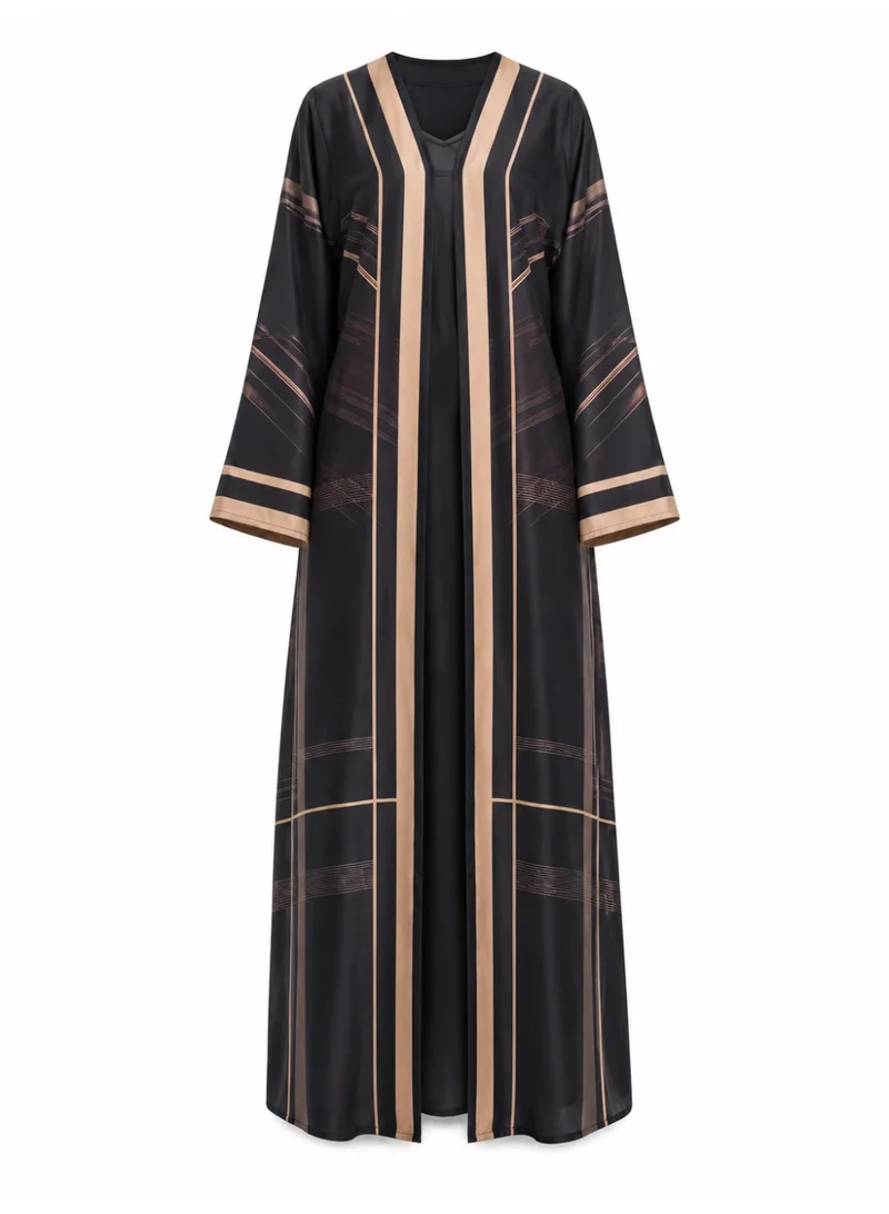 Amnad International Luxury Printed Satin Silk Abaya for Women with Matching Hijab, Open & Closed Style Maxi Kaftan, Sizes 52-60 inches
