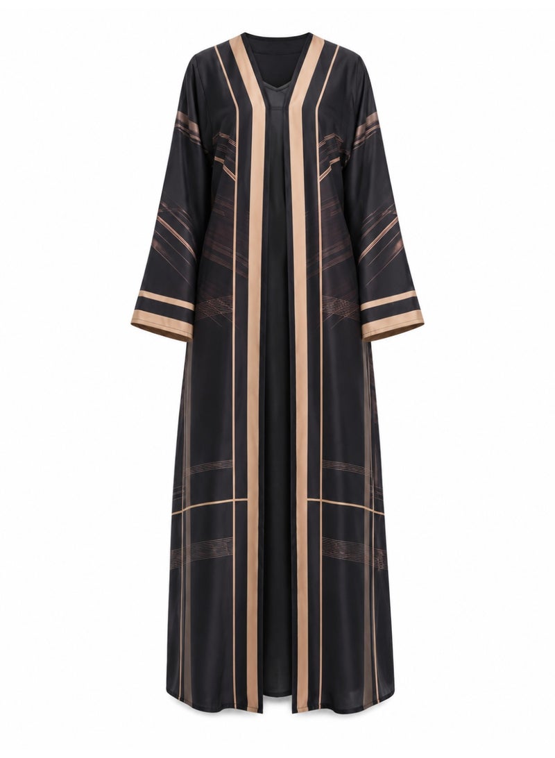 Amnad International Luxury Printed Satin Silk Abaya for Women with Matching Hijab, Open & Closed Style Maxi Kaftan, Sizes 52-60 inches - Image 1