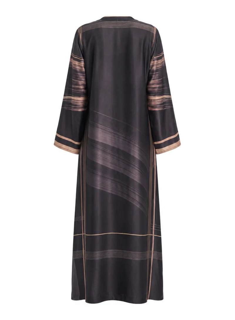 Amnad International Luxury Printed Satin Silk Abaya for Women with Matching Hijab, Open & Closed Style Maxi Kaftan, Sizes 52-60 inches