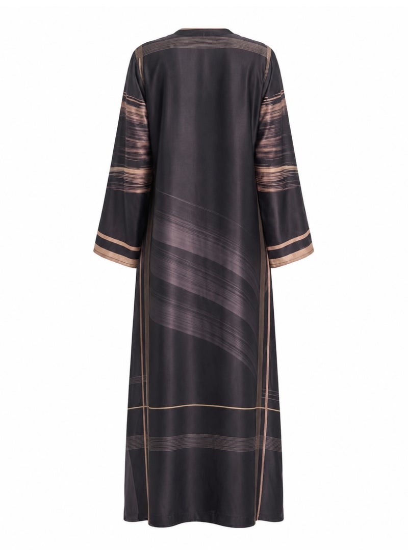 Amnad International Luxury Printed Satin Silk Abaya for Women with Matching Hijab, Open & Closed Style Maxi Kaftan, Sizes 52-60 inches - Image 2