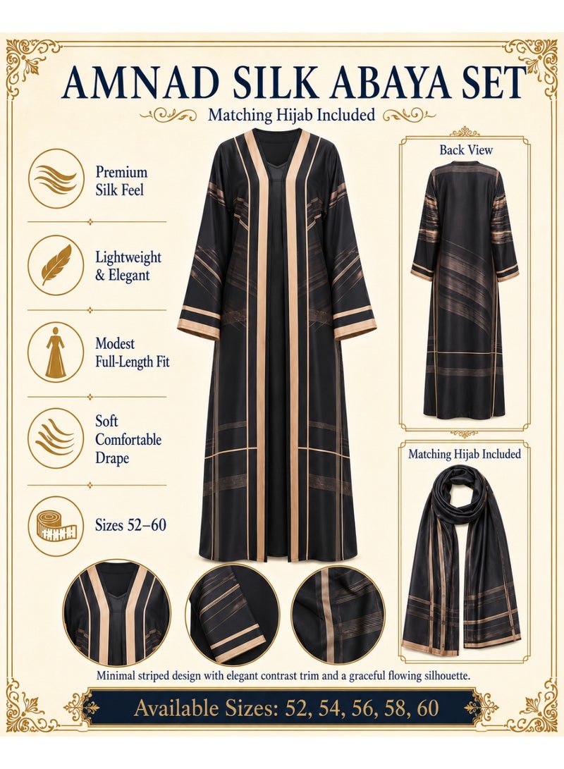 Amnad International Luxury Printed Satin Silk Abaya for Women with Matching Hijab, Open & Closed Style Maxi Kaftan, Sizes 52-60 inches - Image 4