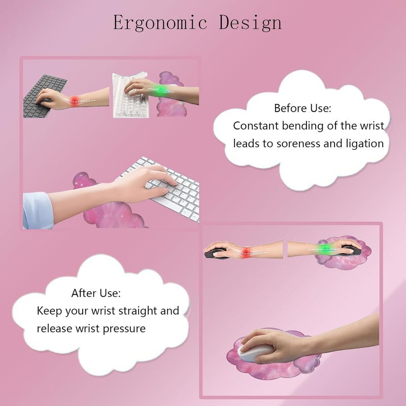 WFCYGL Cloud Keyboard Wrist Rest Galaxy Mouse Pad with Wrist Rest Ergonomic Space Wrist Pad Memory Foam Non-Slip Wrist Support for Computer Laptop Gaming Home Office Relief Typing Pain Pink Stars - Image 5