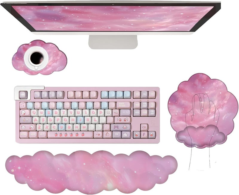 WFCYGL Cloud Keyboard Wrist Rest Galaxy Mouse Pad with Wrist Rest Ergonomic Space Wrist Pad Memory Foam Non-Slip Wrist Support for Computer Laptop Gaming Home Office Relief Typing Pain Pink Stars - Image 1