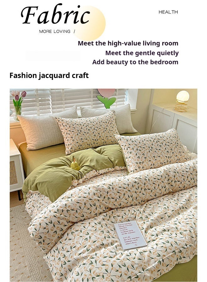4-Piece Fresh Prints Bedding Set  200*230cm Double/King Size Cotton Avocado green and apricot print  - Image 5
