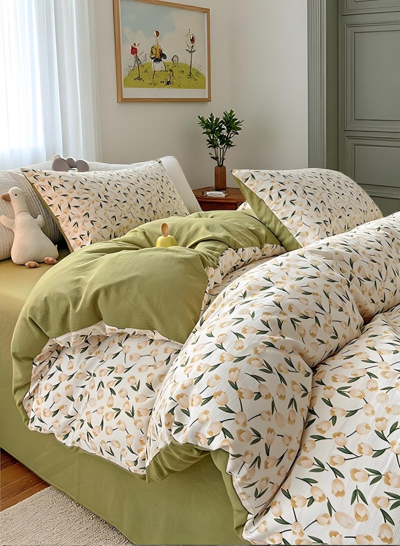 4-Piece Fresh Prints Bedding Set  200*230cm Double/King Size Cotton Avocado green and apricot print  - Image 1