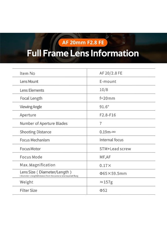 VILTROX - VILTROX 20mm f2.8 FE, 20mm f/2.8 e-Mount Full Frame AF Lens for Sony e Mount, Prime Wide Angle Lens for Sony e Mount a7cr a7cii a7c a6700 zv-e100 a6600 a6400 a7iv a7iii - Image 1