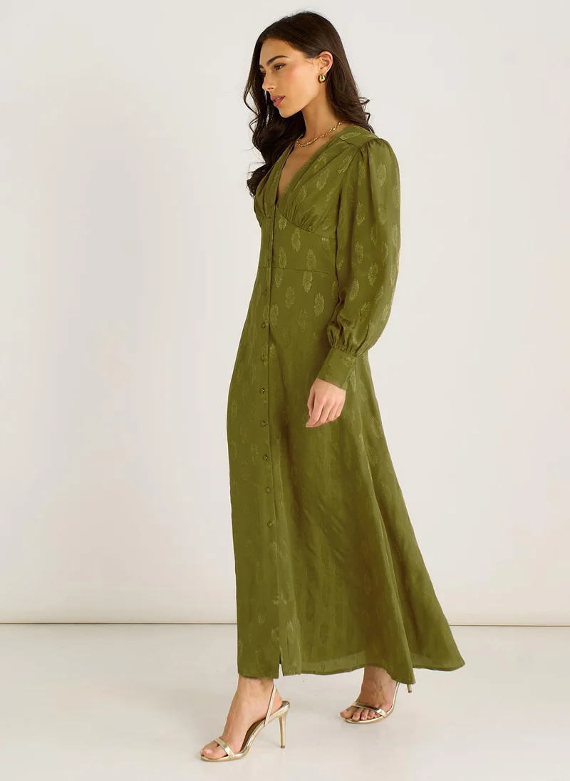 Gini London  Green Long Sleeve Floral Satin Jacquard Maxi Dress for Women | Best Price UAE