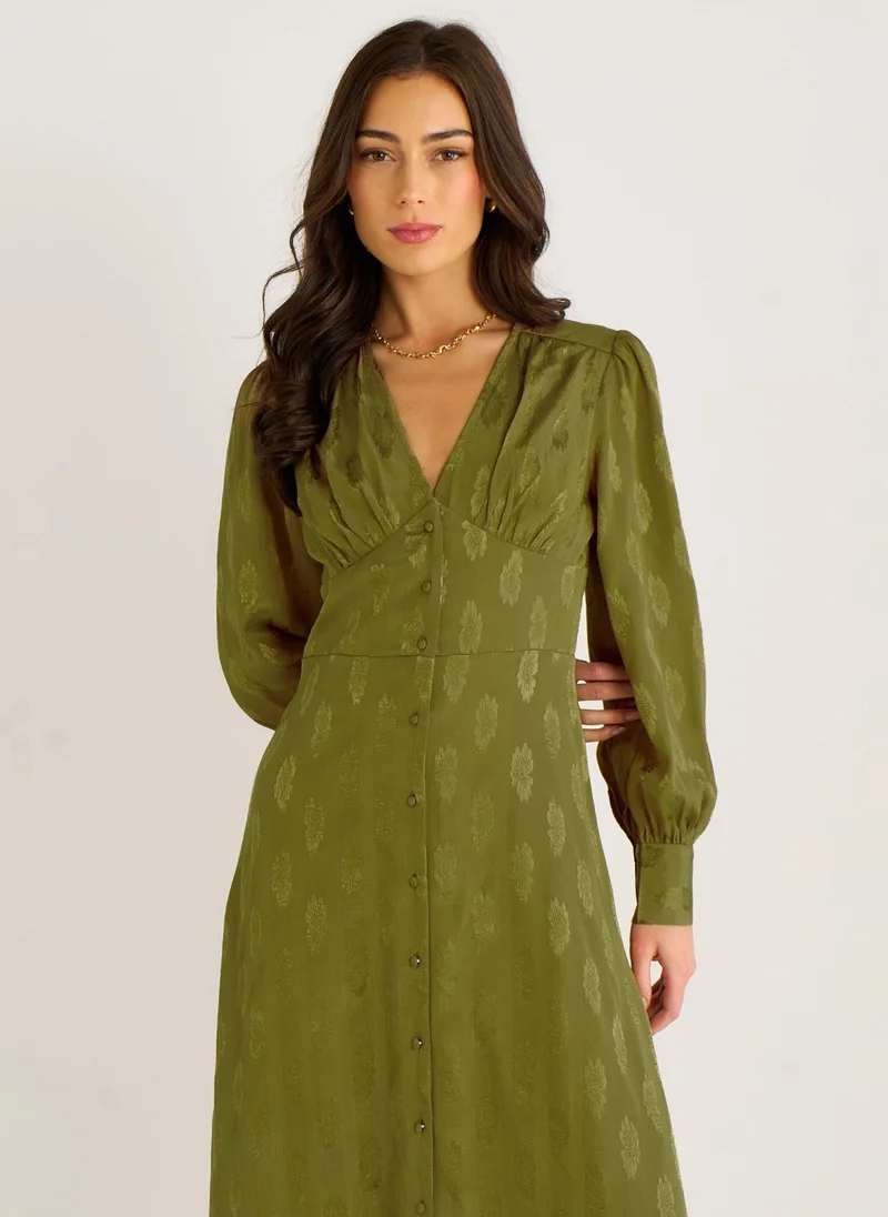 Gini London  Green Long Sleeve Floral Satin Jacquard Maxi Dress for Women | Best Price UAE