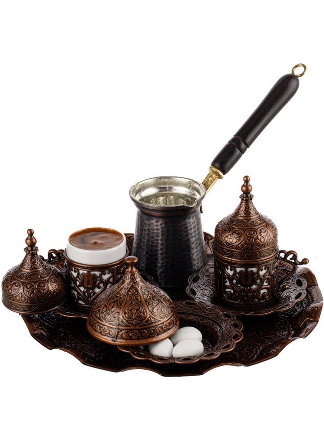 DEMMEX Turkish Greek Arabic Coffee Making and Serving Full Set with Cups, Saucers, Lids, Sugar Bowl, Tray and Antiqued Copper Coffee Pot, 12 Pcs (Chocolate) - Image 1