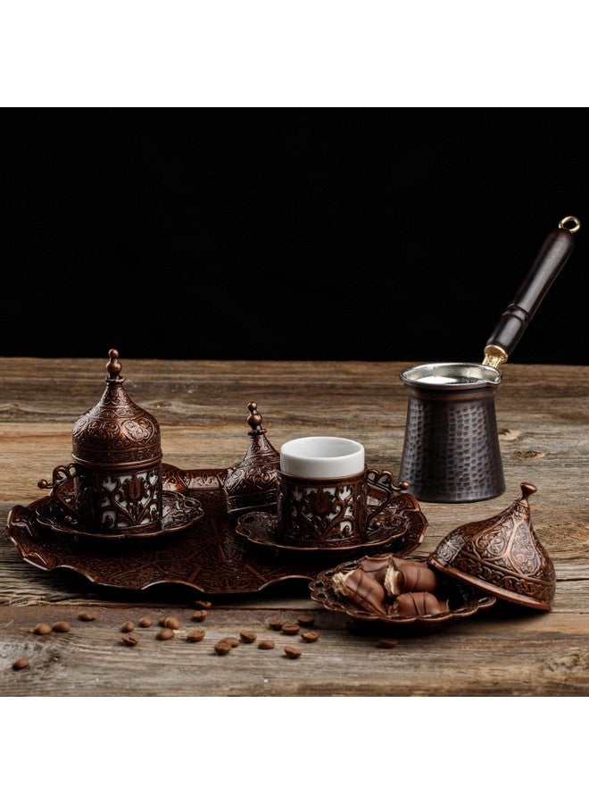 DEMMEX Turkish Greek Arabic Coffee Making and Serving Full Set with Cups, Saucers, Lids, Sugar Bowl, Tray and Antiqued Copper Coffee Pot, 12 Pcs (Chocolate) - Image 5