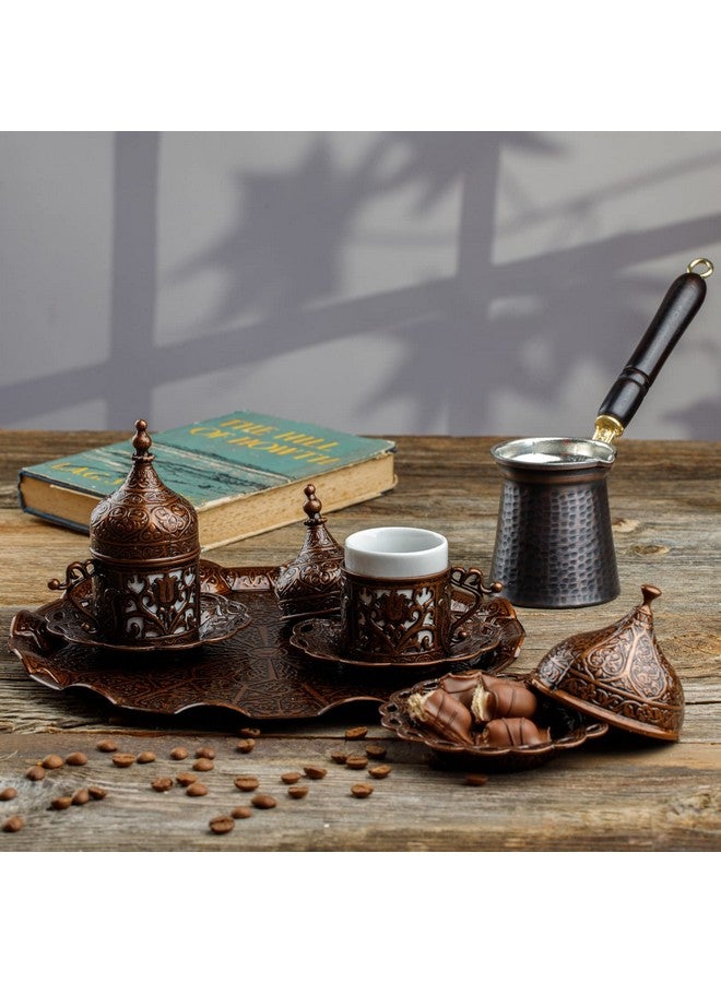 DEMMEX Turkish Greek Arabic Coffee Making and Serving Full Set with Cups, Saucers, Lids, Sugar Bowl, Tray and Antiqued Copper Coffee Pot, 12 Pcs (Chocolate) - Image 2