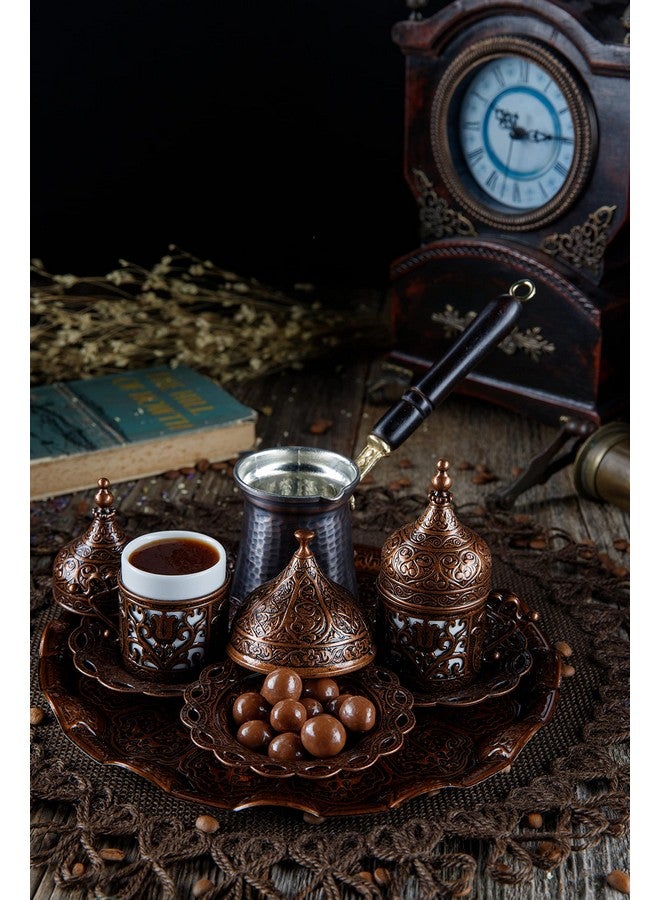 DEMMEX Turkish Greek Arabic Coffee Making and Serving Full Set with Cups, Saucers, Lids, Sugar Bowl, Tray and Antiqued Copper Coffee Pot, 12 Pcs (Chocolate) - Image 3