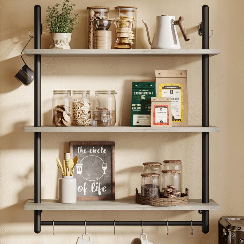 Bestier 3 Tier Industrial Pipe Shelving, Floating Book Shelves for Wall, Storage Hanging Shelves with Towel Bar for Bathroom Organizer Bedroom Kitchen Plants Office. 31.5 Inch Retro Grey - Image 1