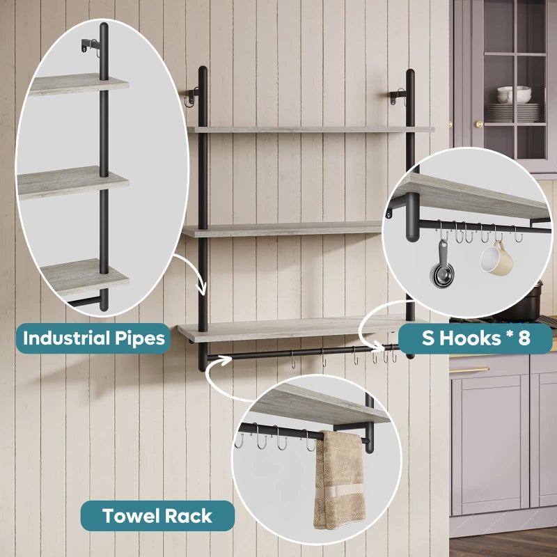 Bestier 3 Tier Industrial Pipe Shelving, Floating Book Shelves for Wall, Storage Hanging Shelves with Towel Bar for Bathroom Organizer Bedroom Kitchen Plants Office. 31.5 Inch Retro Grey - Image 2
