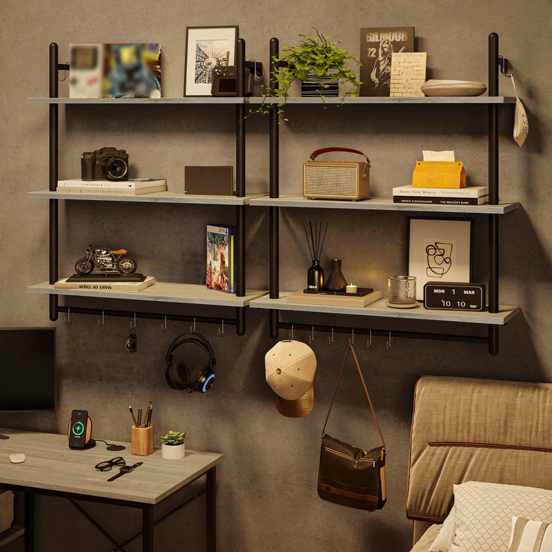 Bestier 3 Tier Industrial Pipe Shelving, Floating Book Shelves for Wall, Storage Hanging Shelves with Towel Bar for Bathroom Organizer Bedroom Kitchen Plants Office. 31.5 Inch Retro Grey - Image 3