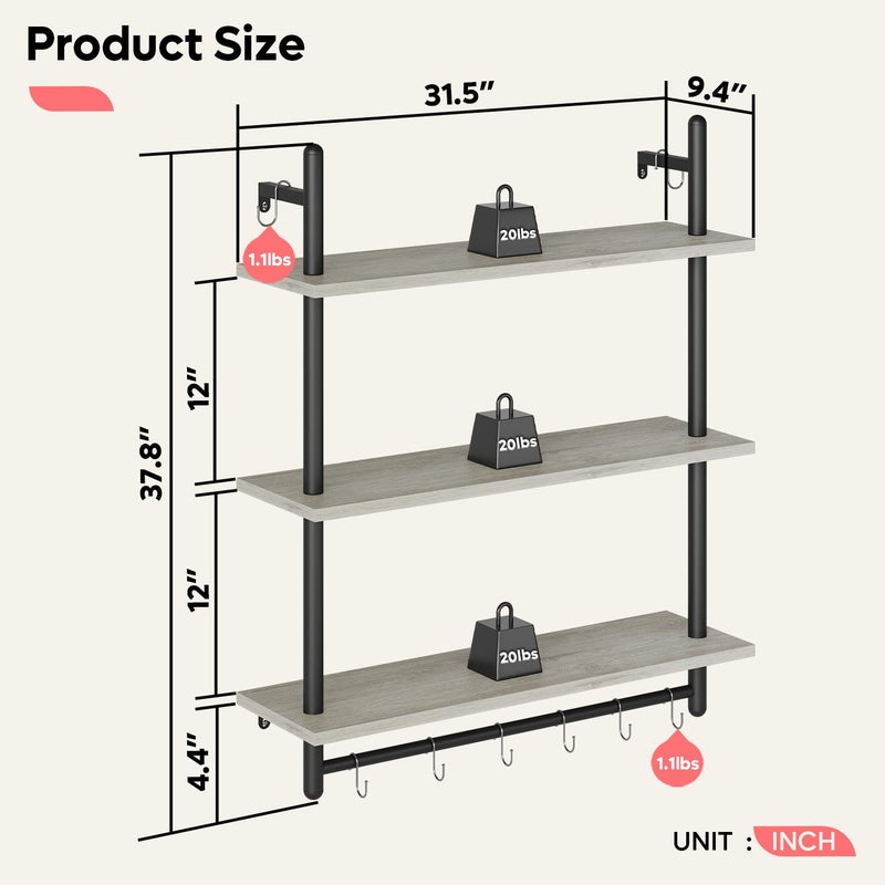 Bestier 3 Tier Industrial Pipe Shelving, Floating Book Shelves for Wall, Storage Hanging Shelves with Towel Bar for Bathroom Organizer Bedroom Kitchen Plants Office. 31.5 Inch Retro Grey - Image 5