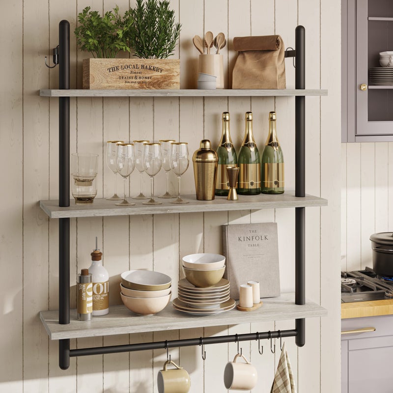 Bestier 3 Tier Industrial Pipe Shelving, Floating Book Shelves for Wall, Storage Hanging Shelves with Towel Bar for Bathroom Organizer Bedroom Kitchen Plants Office. 31.5 Inch Retro Grey - Image 4