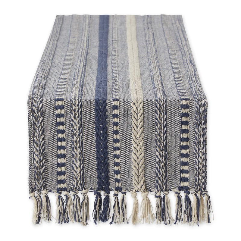 DII Farmhouse Braided Stripe Table Runner Collection 15x72 15x77 Fringe Included French Blue