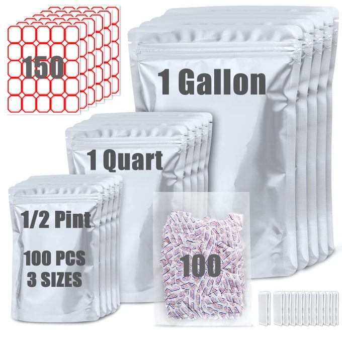 100 PACK MYLAR BAGS FOR FOOD STORAGE WITH 100X300CC OXYGEN ABSORBERS 9 MIL 10X14 9MIL 6X9 9MIL 43X63 RESEALABLE BAGS FOR PACKAGING PRODUCTS ZIPLOCK FOOD GRADE BAG FOR STORAGE