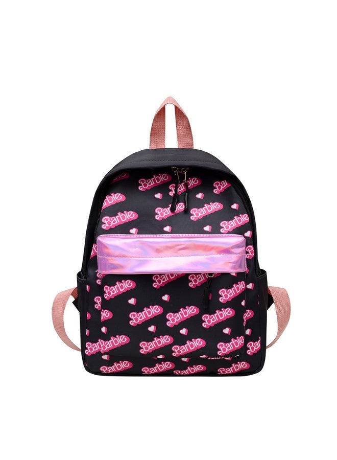 Barbie all-over print black children's backpack with pink letter print on the front pocket, lightweight backpack for elementary school students.