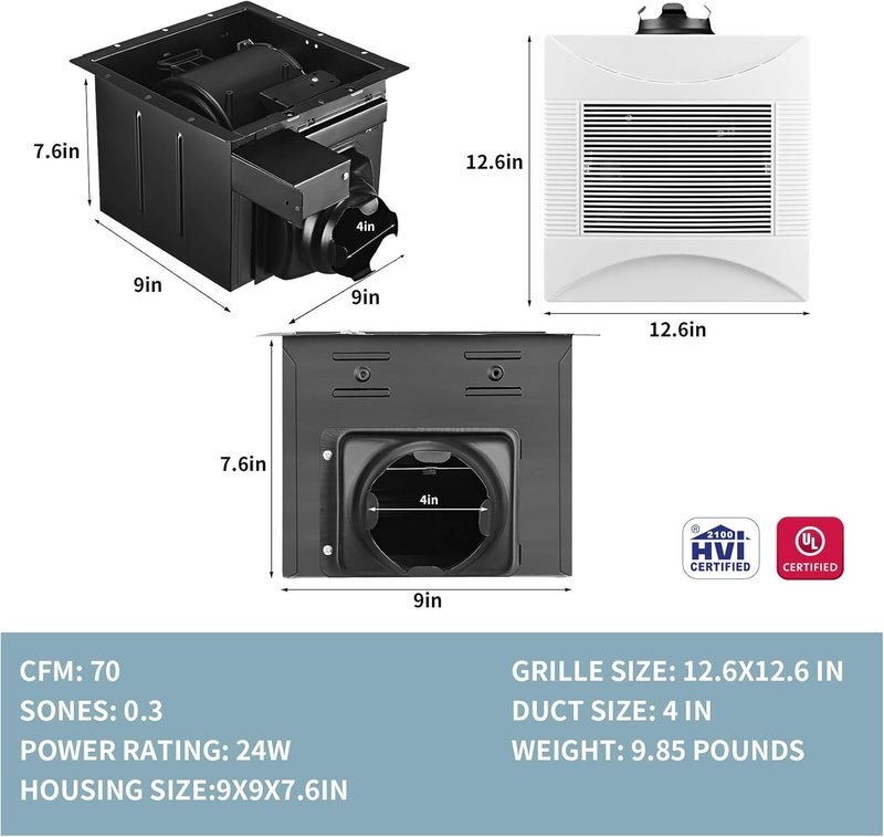 Tech Drive Super-Quiet 70 CFM, 0.3 Sone Bathroom Ventilation and Exhaust Fan (70CFM) - Image 2