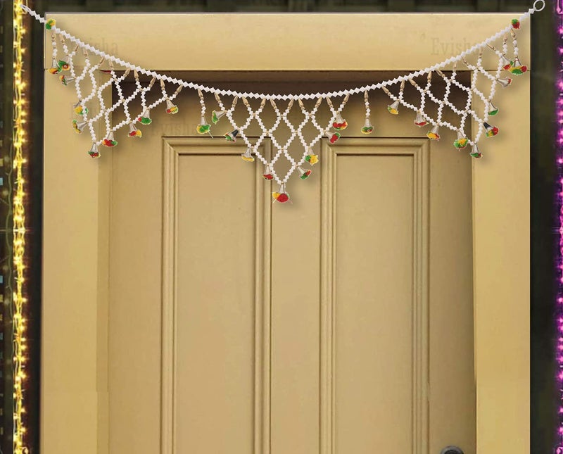 Evisha خيوط بيضاء مع بوم بوم لتعليق الأبواب تاران بندهنوار لتزيين ديwali ديكور المنزل 3 قدم - Image 1
