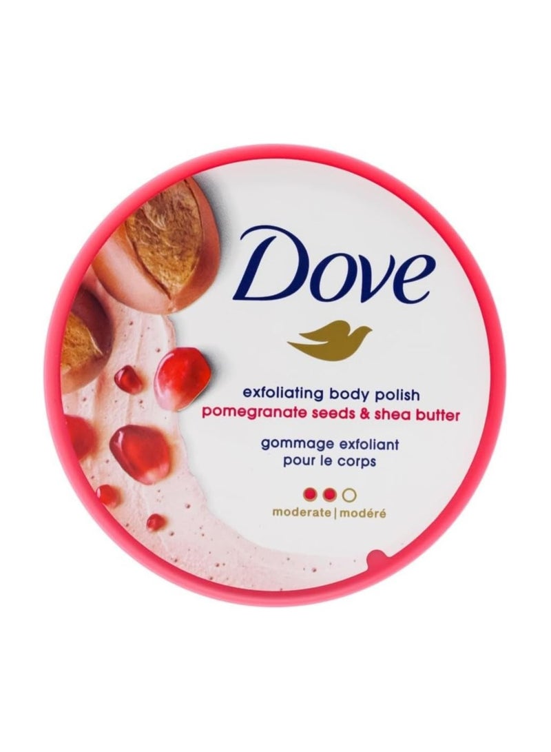 Dove Body Polish Exfoliating Scrub, Moisturizing Shea Butter and Pomegranate Seeds | Nourishes & Conditions Soft Skin | Sulphate Free, 298gm - Image 1
