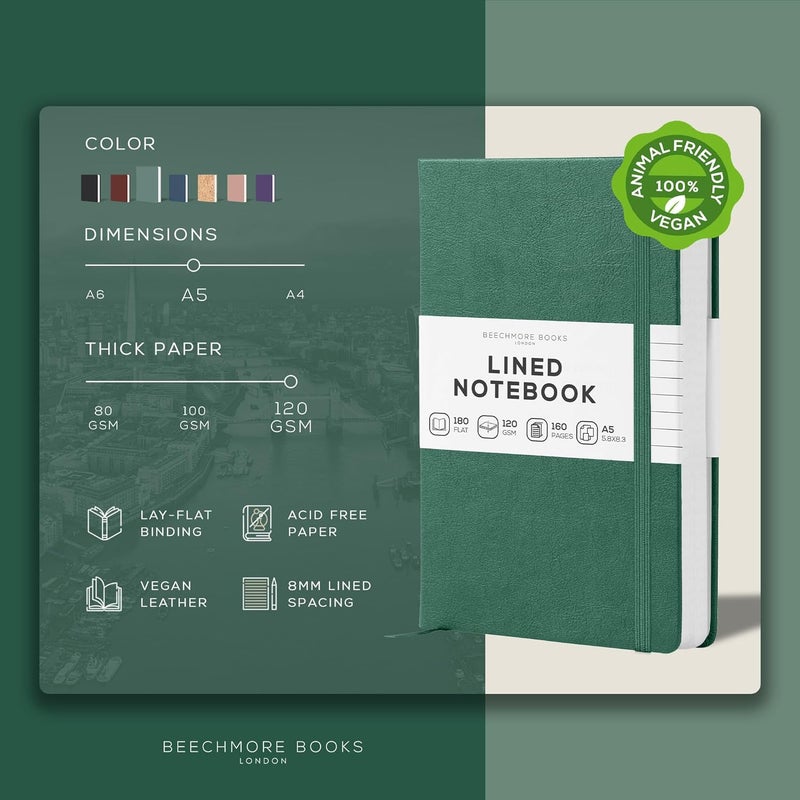 Beechmore Books Lined Journal Notebook, 5.8 x 8.3 inch, A5 160 Lined Pages, Hardcover Leather Journals for Women, Men, Writing and Notebooks for Work - 120 GSM Thick Paper, Gifts Box Included - Image 2