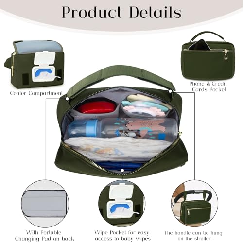 printe Small Diaper Bag with Portable Changing Pad, Crossbody Diaper Pack with Wipes Pocket, Women Waist Bag for Travel Stroller, Olive Green - Image 3