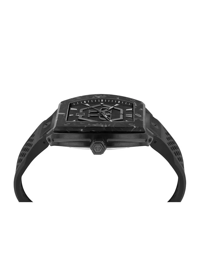 PHILIPP PLEIN THE HEXAGON PHANTOM Philipp Plein Men's 44mm Watch, Silver-Tone Case, Black Silicone Strap, Swiss Quartz Movement