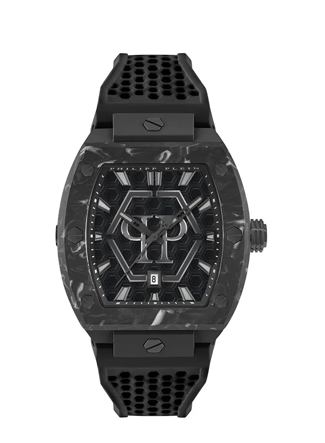 PHILIPP PLEIN THE HEXAGON PHANTOM Philipp Plein Men's 44mm Watch, Silver-Tone Case, Black Silicone Strap, Swiss Quartz Movement