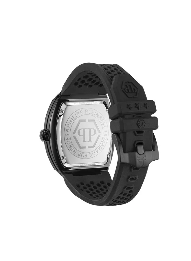 PHILIPP PLEIN THE HEXAGON PHANTOM Philipp Plein Men's 44mm Watch, Silver-Tone Case, Black Silicone Strap, Swiss Quartz Movement