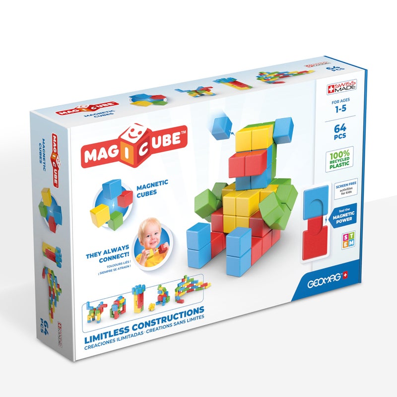 Geomag Magicube 64pcs Magnetic Blocks - Magnetic Building Blocks for Toddlers 1-3, Montessori Toys for 1+ Year Old, Autism Sensory Product, Magnets for Kids - Image 1