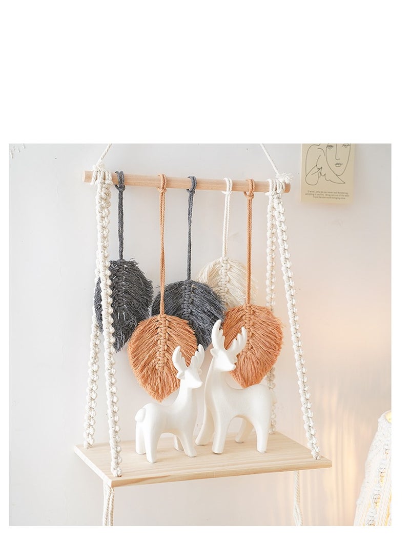 Y&D Macrame Wall Hanging Shelf, Boho Hanging Wall Decor Boho Shelf Woven Leaf Tapestry Shelf Boho Bookshelf Wood Floating Shelf for Bedroom Living Room Nursery Bathroom - Image 1