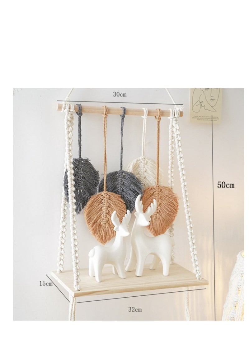 Y&D Macrame Wall Hanging Shelf, Boho Hanging Wall Decor Boho Shelf Woven Leaf Tapestry Shelf Boho Bookshelf Wood Floating Shelf for Bedroom Living Room Nursery Bathroom - Image 3