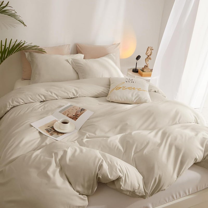 AMWAN Beige Duvet Cover Queen Size Soft Microfiber Queen Duvet Cover Beige Tan Bedding Set 3 Pieces Comforter Cover 1 Duvet Cover 90”x90” with 2 Pillowcases Linen Beige Duvet Cover with Zipper Closure - Image 3