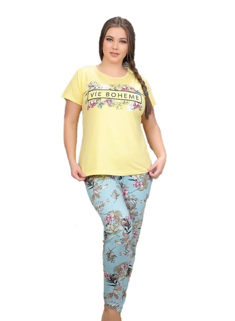 Ganna Women's short-sleeved pyjamas and summer long pants made of cotton large sizes 