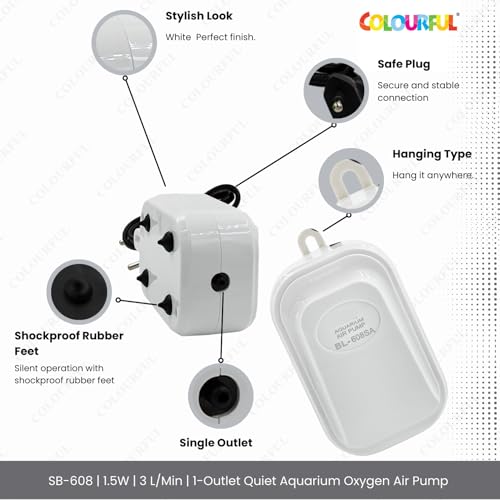 COLOURFUL - Silent with Oxygen Air Pump for Aquarium, Super noiseless air Pump with Single air outlets for Fish Tank | Suitable UP to 300L | BL-608SA (1 Way, Combo-2) - Image 3