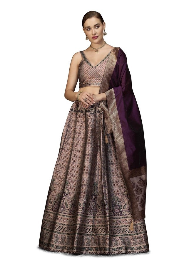 PURVAJA حريمي Kanjiwaram شبه مخيطة Lehenga choli (Saaya-Rose_Free الحجم) - Image 1