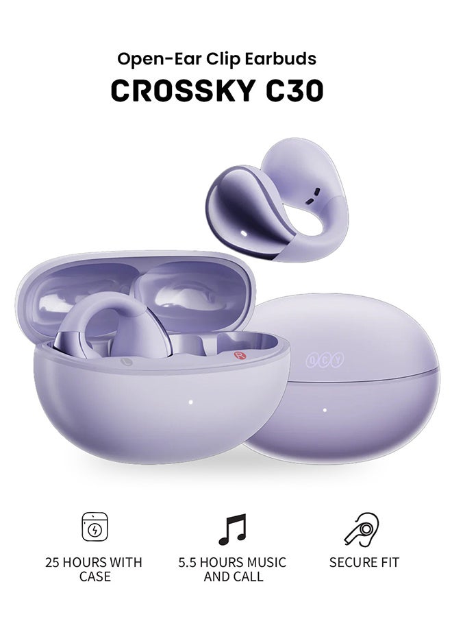 Crossky C30 Open Ear Headphones Wireless Bluetooth, Clip-On Earbuds with 4 ENC Noise Cancelling Mic, Stable Fit, Dual Connection, EQ Customized, Sports Earphones for Workout/Running - Purple
