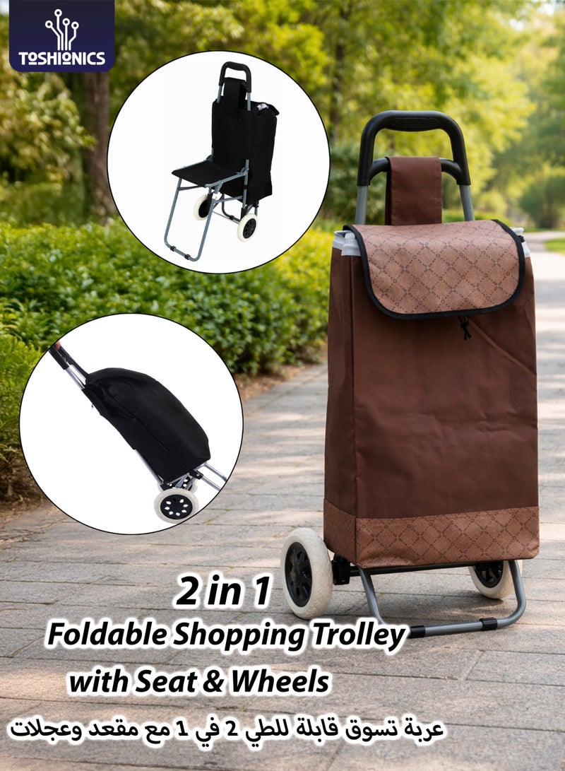Toshionics Foldable Shopping Trolley Cart with Seat & Wheels | Grocery Shopping Cart Bag with Chair | Heavy Duty Utility Market Trolley | 34L Polyester Storage Bag | 80KG Load Capacity | Model T114707 - Image 1