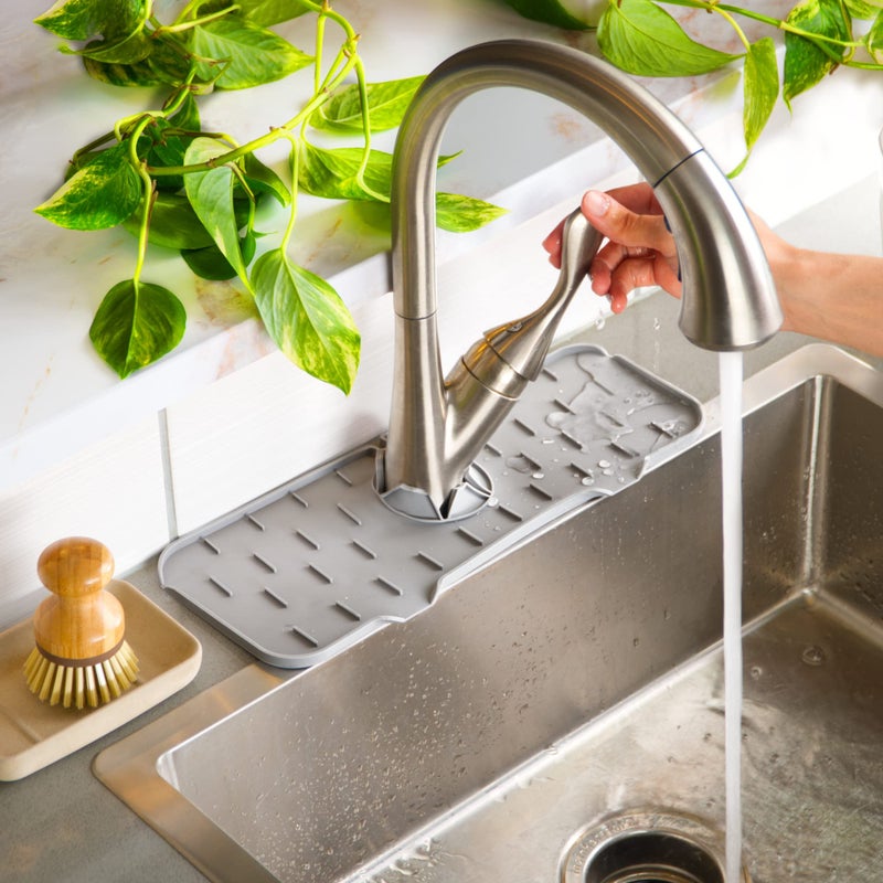 Ternal Silicone Faucet Handle Drip Catcher Tray Mat Silicone Faucet Mat Dish Soap Sponge Holder for Kitchen Sink Accessories Gadgets Drying Mat for Kitchen Counter Bathroom Kitchen Sink Grey