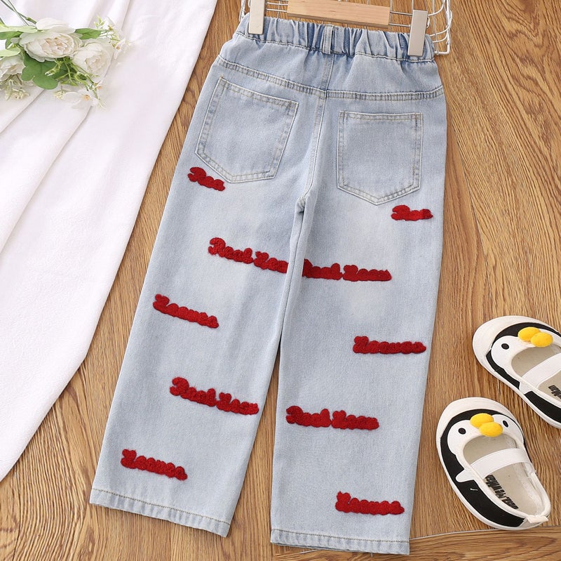 Girls' Jeans Towel Embroidered Letters Four Seasons New Fashionable Casual Medium And Big Children Wide Leg Pants Loose Girl - Image 3